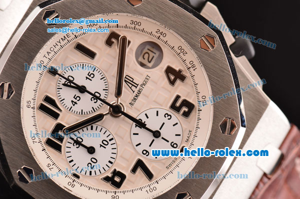 Audemars Piguet Royal Oak Offshore Chronograph Swiss Valjoux 7750-SHG Automatic Steel Case with White Dial and Brown Leather Strap-Run 12@Sec - Click Image to Close